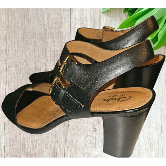 Clarks Artisan Block Heel Open Toe Double Buckle Strap Blk Leather Sandal 11M - Picture 7 of 13